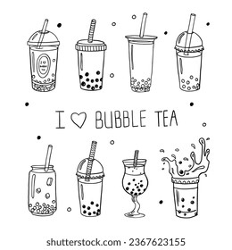 Cute doodle set with bubble tea collection with drinking straws and lettering. I love bubble tea. Great for bar menu design, packaging, yummy drinks banner or advertising. Hand drawn