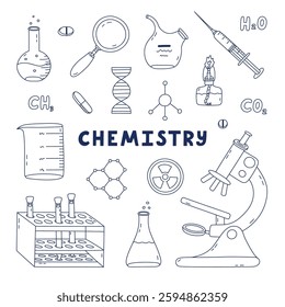 Cute doodle set with chemistry, science and laboratory clipart. Lab equipment for chemical, genetic, medical experiment, study. Learning medicine, biology concept with hand drawn outline