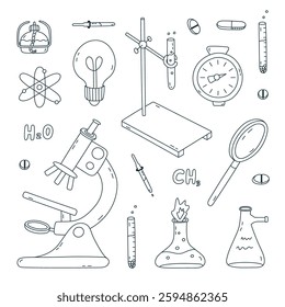 Cute doodle set with chemistry, science and laboratory clipart. Lab equipment for chemical, genetic, medical experiment, study. Hand drawn clipart for learning medicine, biology isolated on white