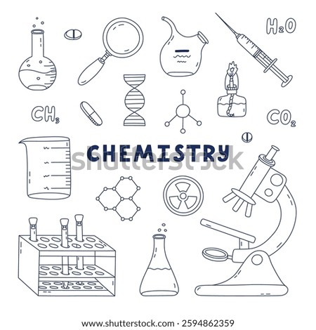 Cute doodle set with chemistry, science and laboratory clipart. Lab equipment for chemical, genetic, medical experiment, study. Learning medicine, biology concept with hand drawn outline