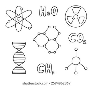 Cute doodle set with chemistry symbols. Molecule, atom, chemical formulas of H2O, CO2, CH2, DNA chromosome, nuclear radiation. Sign of science, medicine, biology with hand drawn outline.