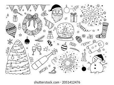 Cute doodle set with Christmas design elements. Vector New Year illustration. Fun hand drawn collection of isolated Christmas and New Year clipart.