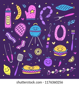 Cute doodle set of colored barbecue icons isolated on violet background.
