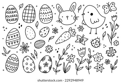 Cute doodle set with decorated Easter eggs, spring flowers, insects, funny chick and bunny isolated on white background. Vector hand-drawn illustration. Perfect for holiday designs, decorations.
