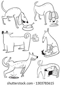 Cute doodle set with dogs. Vector illustration with pets. Black and white sketchy animal characters in childlike style. Collection with cheerful dogs