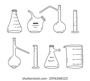 Cute doodle set with empty laboratory beaker. Flat-bottomed, round, high flask, glassware, tube for scientific experiment, chemistry, medicine test. Hand drawn lab equipment isolated on white.