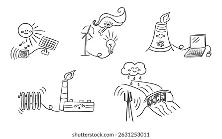 Cute doodle set of energy sources including solar, wind, hydro, nuclear and thermal power. This vector represents sustainability, eco awareness and clean energy generation