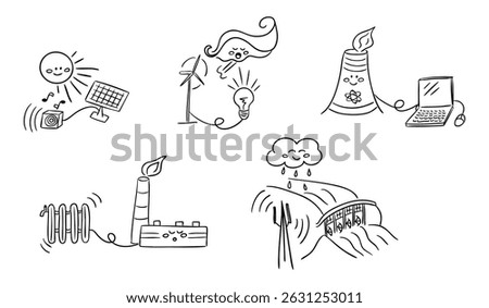 Cute doodle set of energy sources including solar, wind, hydro, nuclear and thermal power. This vector represents sustainability, eco awareness and clean energy generation