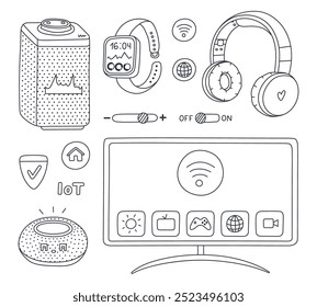 Nettes Doodle-Set mit intelligenten Entertainment-Geräten, die per Mobiltelefon steuern. Handgezeichneter virtueller KI-Sprachassistent, Smart TV, drahtlose Kopfhörer. Intelligenzmaschine zur Isolierung von Multimedia