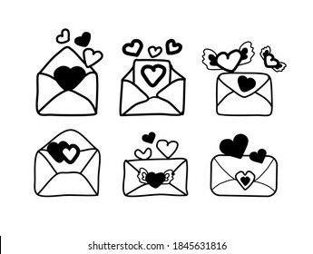 Cute doodle set of envelope and hearts icons. Hand drawn vector illustration.  elements for greeting cards, posters, stickers and seasonal design. Isolated on white background. St. Valentine's post.