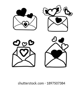 Cute doodle set of envelope and hearts icons. Hand drawn vector illustration.  elements for greeting cards, posters, stickers and seasonal design. Isolated on white background. St. Valentine's post.