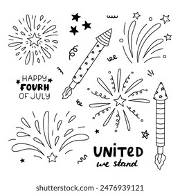 Cute doodle set with fireworks, rockets and lettering for 4th July. Sparkling salute as sign of Independence day, holidays, celebration and festival. Hand drawn isolated black and white illustration.