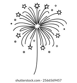 Cute doodle set with fireworks with stars for holidays, celebration and festival. Outline sparkling salute as sign of Independence day, 4th July. Hand drawn isolated black and white illustration.