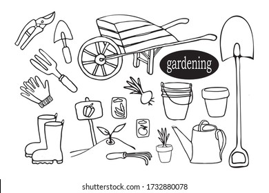 Cute Doodle set is a garden set consisting of various garden tools. Hand-drawn vector illustration.