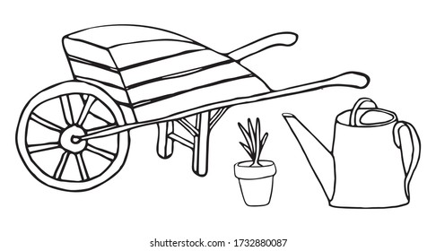 Cute Doodle set is a garden set consisting of a cart, watering can and potted plants. Hand-drawn vector illustration.