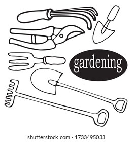 Cute Doodle set is a garden set consisting of various garden tools. Hand-drawn vector illustration.
