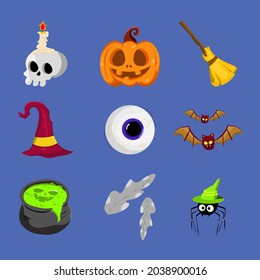 Cute doodle set of halloween. Spooky trick or treat character vector illustration. Simple creative design. Used for background, media, template, symbol, sign, icon. Isolated.