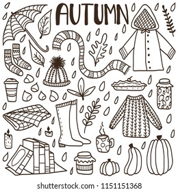 Cute doodle set with hand drawn autumn elements. Concept of cozy autumn.