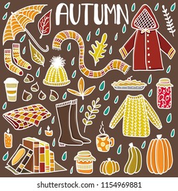 Cute doodle set with hand drawn autumn elements. Concept of cozy autumn.