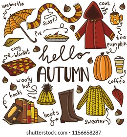 Cute doodle set with hand drawn autumn elements. Concept of cozy autumn.