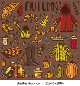 Cute doodle set with hand drawn autumn elements. Concept of cozy autumn.