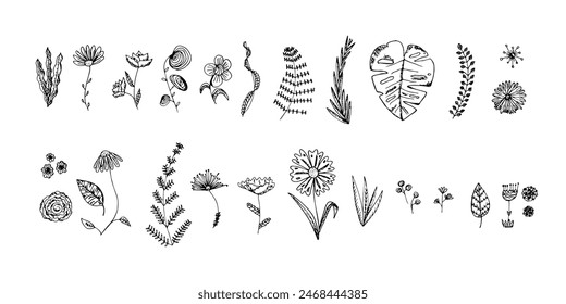 Cute doodle set of hand drawn black vector floral elements. Funny outline flowers and herbs illustrations for clipart design, pattern, greeting card decor, icons, stickers