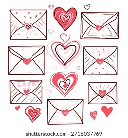 Cute doodle set of hand drawn envelopes and pink and red hearts. Valentine's Day vector illustrations.
