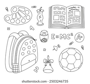 Lindo doodle conjunto con útiles escolares para niños. Colección dibujada a mano de la mochila, libro de texto abierto, globo, paleta de pintura, núcleo de manzana, balón de fútbol. Clipart de esquemas de regreso a la escuela para estudiar, dibujar y trabajar.