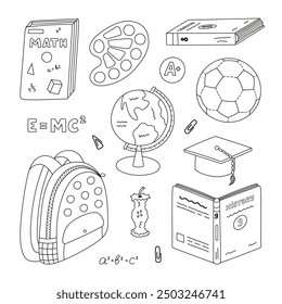 Cute doodle set with kids school supplies. Hand drawn collection of schoolbag, textbook, globe, stationery, snack, hat, soccer ball. Back to school outline clipart for study, draw and work isolated.