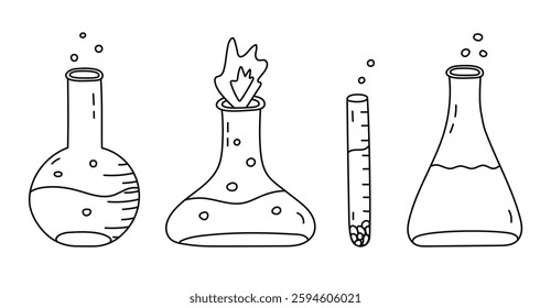 Cute doodle set with laboratory beaker with fire, chemical solution, reagent. Flat-bottomed, round flask, glassware, tube for scientific, chemistry experiment. Hand drawn outline lab equipment.