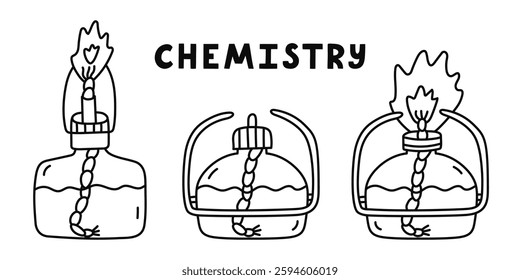 Cute doodle set with laboratory burner with alcohol liquid, rope, fire for heating flasks, beaker. Bunsen burner for science experiment, chemistry test. Hand drawn lab equipment with outline.