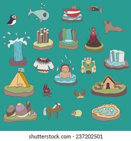 Cute doodle set landmarks of Iceland