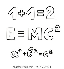 Cute doodle set with lettering of physical, mathematical formulas. Concept of back to school. E equals MC squared, 1 plus 1 equals 2, A plus B equals C. Hand drawn outline clipart isolated on white.