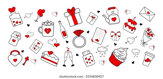 Cute Doodle Set Line Art Valentine's Day Icons. Collection Love Elements for Wallpaper, flyers, invitations, posters, brochures, banners, web, social media, Vector Illustration Hand Drawn Stickers.