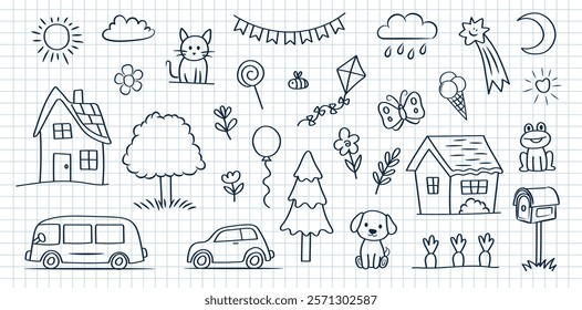 Cute doodle set of naive children's drawings. House, tree, cat, dog, etc. on the background of a notebook sheet. Vector background.