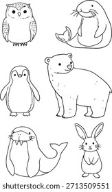 Cute doodle set of North Pole and Arctic animals, including a polar bear, penguin, owl, seal, walrus, and rabbit. Hand-drawn line art illustrations for coloring books, winter designs, kids' projects.