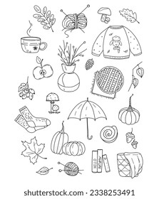 cute doodle set on autumn theme. cozy items. simple line. vector illustration