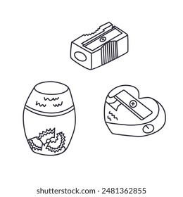 Cute doodle set of pencil sharpeners with blade for drawing, studying, working. Back to school stationery for shaving and sharpening pencils. Vector clipart of school supply with hand drawn outline