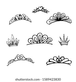 Cute doodle set of princess crown elements. Hand drawn vector illustration. Birthday, New Year's wedding elements for greeting cards, posters, stickers decoration decor. Isolated on white background