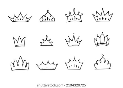 Cute doodle set of princess crown elements. Hand drawn vector illustration. Birthday, New Year's wedding elements for greeting cards, posters, stickers decoration decor. Isolated on white background