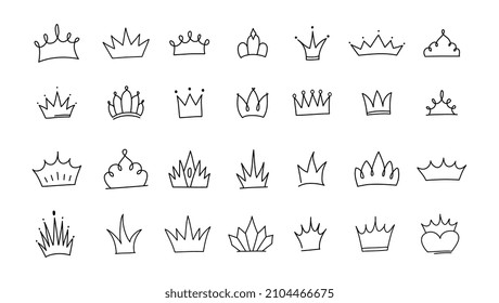 Cute doodle set of princess crown elements. Hand drawn vector illustration. Birthday, New Year's wedding elements for greeting cards, posters, stickers decoration decor. Isolated on white background