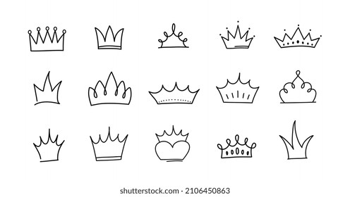 Cute doodle set of princess crown elements. Hand drawn vector illustration. Birthday, New Year's wedding elements for greeting cards, posters, stickers decoration decor. Isolated on white background	
