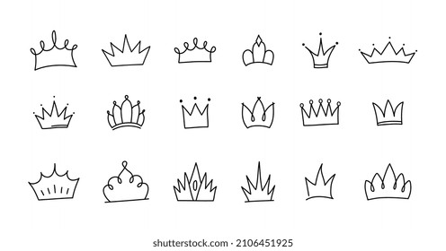 Cute doodle set of princess crown elements. Hand drawn vector illustration. Birthday, New Year's wedding elements for greeting cards, posters, stickers decoration decor. Isolated on white background