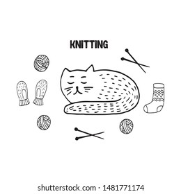 Cute doodle set with scandi cat, mittens, wool, knitting and socks. Hand drawn vector illustration. Winter elements  for greeting cards, posters, stickers and seasonal design.