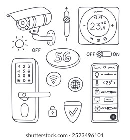 Conjunto de doodle bonito com dispositivos inteligentes de segurança para a segurança doméstica, vigilância, controle via telefone. Câmera de segurança desenhada à mão, trava da porta de inteligência, termostato remoto para proteger a propriedade, casa.