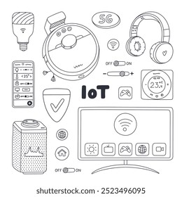 Cute doodle set of smart devices for entertainment, cleaning house, regulate temperature and light, secure home. Hand drawn intelligence machine with remote control via telephone. Internet of things
