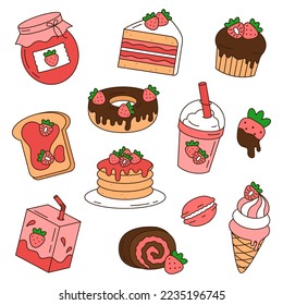 Un bonito conjunto de doodles con postres de fresa y bebidas aisladas de fondo blanco. 