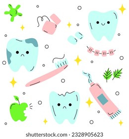Cute doodle set teeth and toothbrush, toothpaste, dental floss. Teeth characters with different emotions. Smiling and sad mascot for oral hygiene, dental treatment.