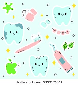 Cute doodle set teeth and toothbrush, toothpaste, dental floss. Teeth characters with different emotions. Smiling and sad mascot for oral hygiene, dental treatment.