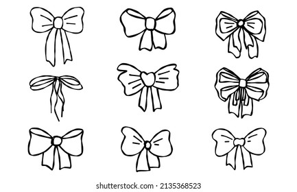 Cute doodle set vector illustration decorative ribbon and bows, hand drawn isolated collection.